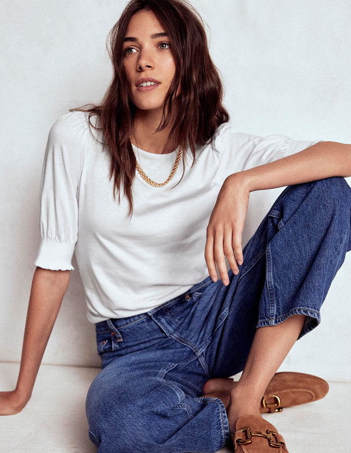 Short Sleeve Smocked Cuff Top-White