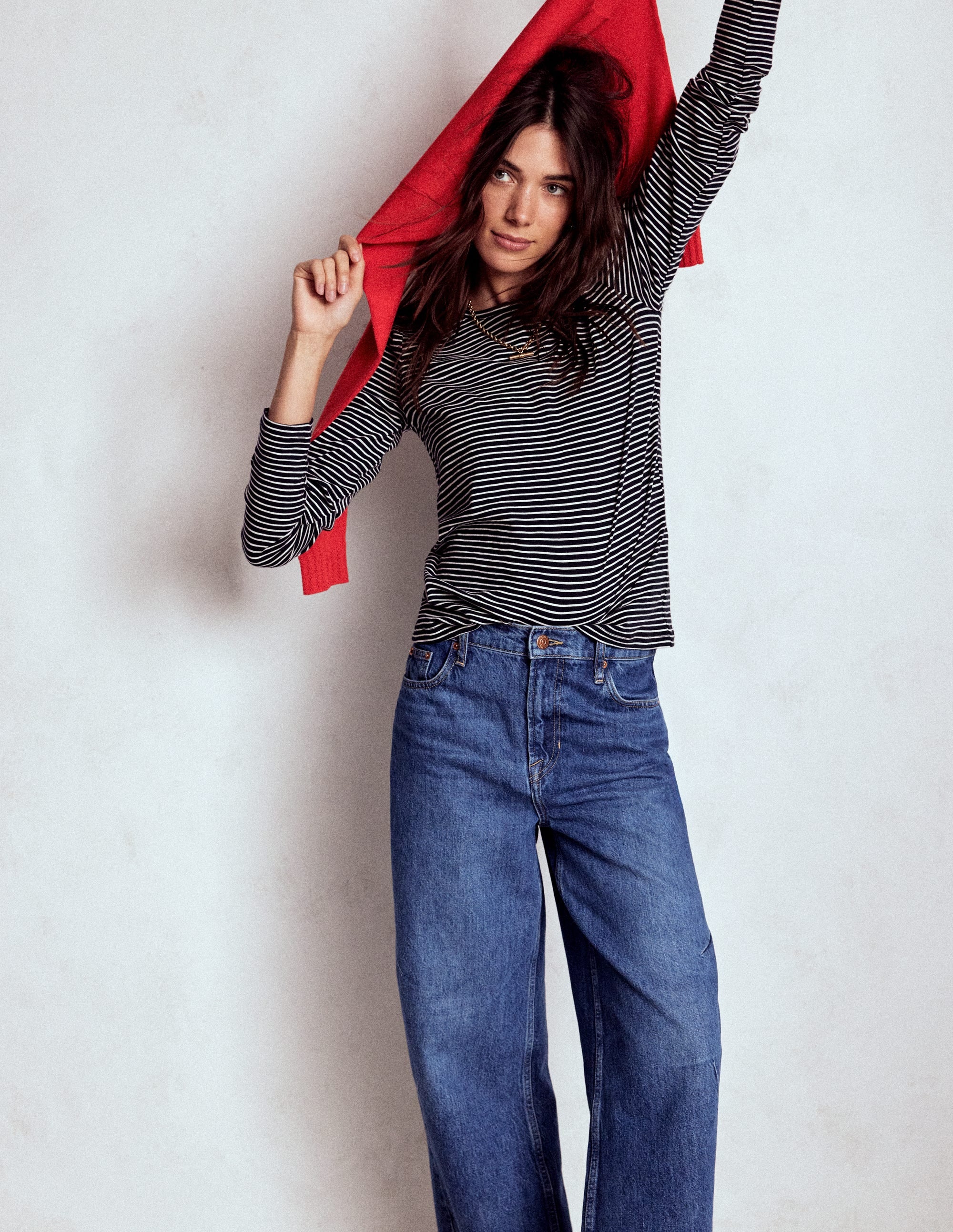 Cotton Crew Long Sleeve Top-Navy, Ivory Stripe - Image 1