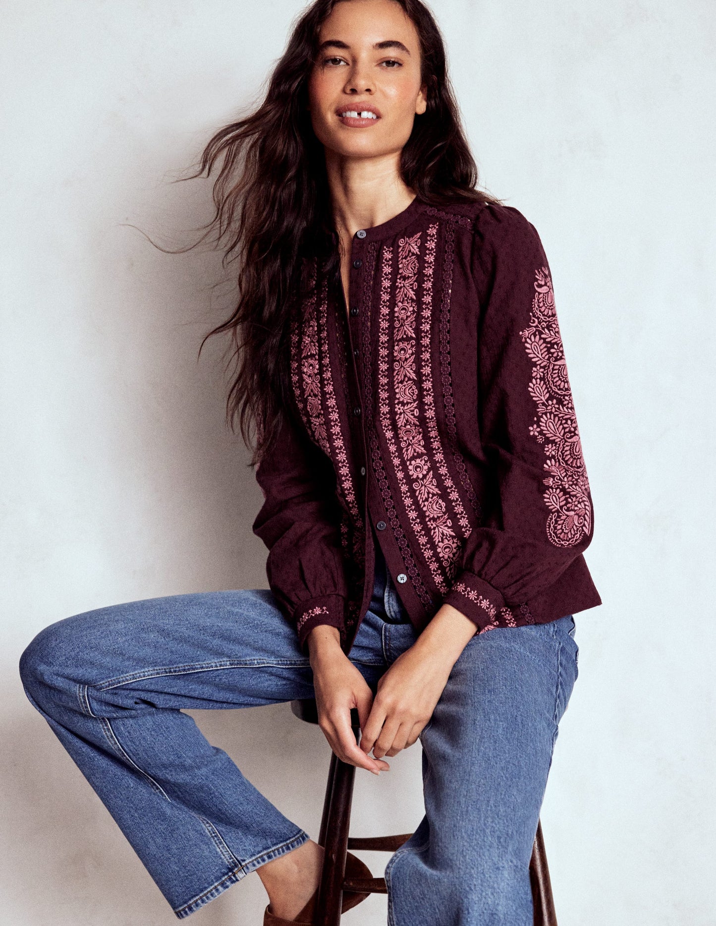 Embroidered Cotton Top-Dark Cherry