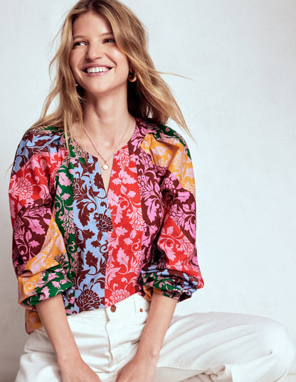 Long Sleeve Notch Top-Multi, Ornate Vine-1