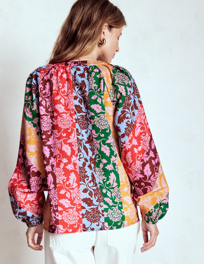 Long Sleeve Notch Top-Multi, Ornate Vine-4