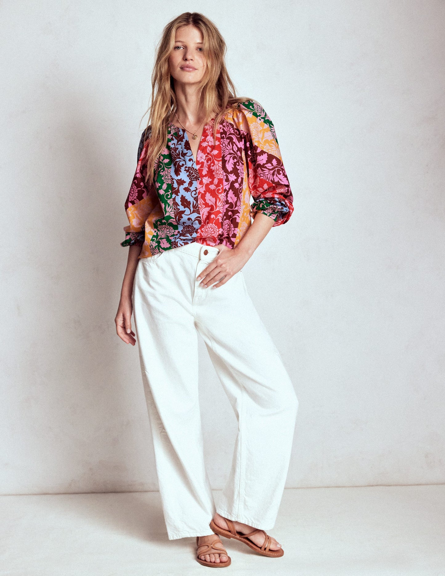 Long Sleeve Notch Top-Multi, Ornate Vine