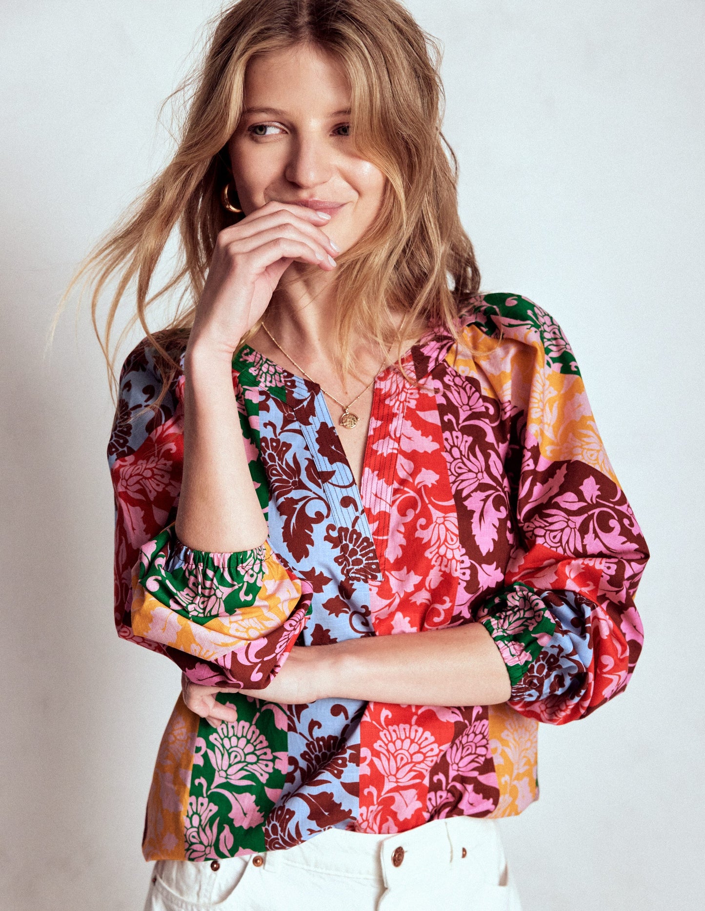 Long Sleeve Notch Top-Multi, Ornate Vine