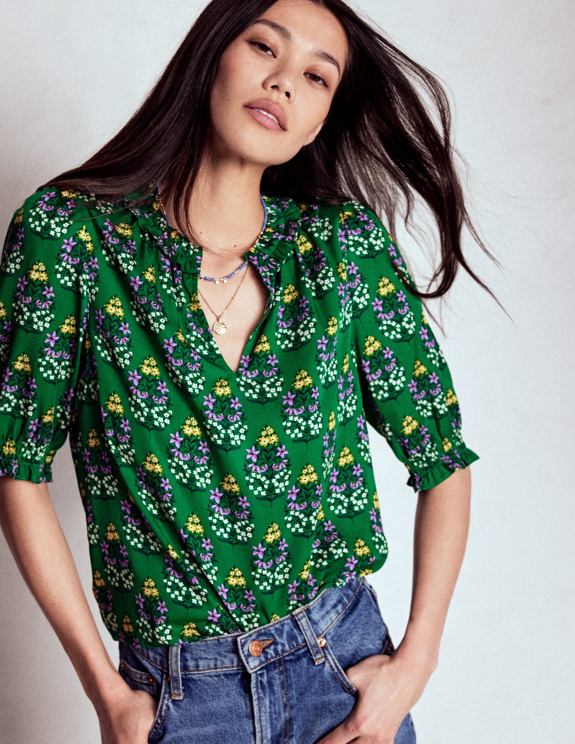 Ria Short Sleeve Top-Emerald, Wildflower Bouquet - Image 1
