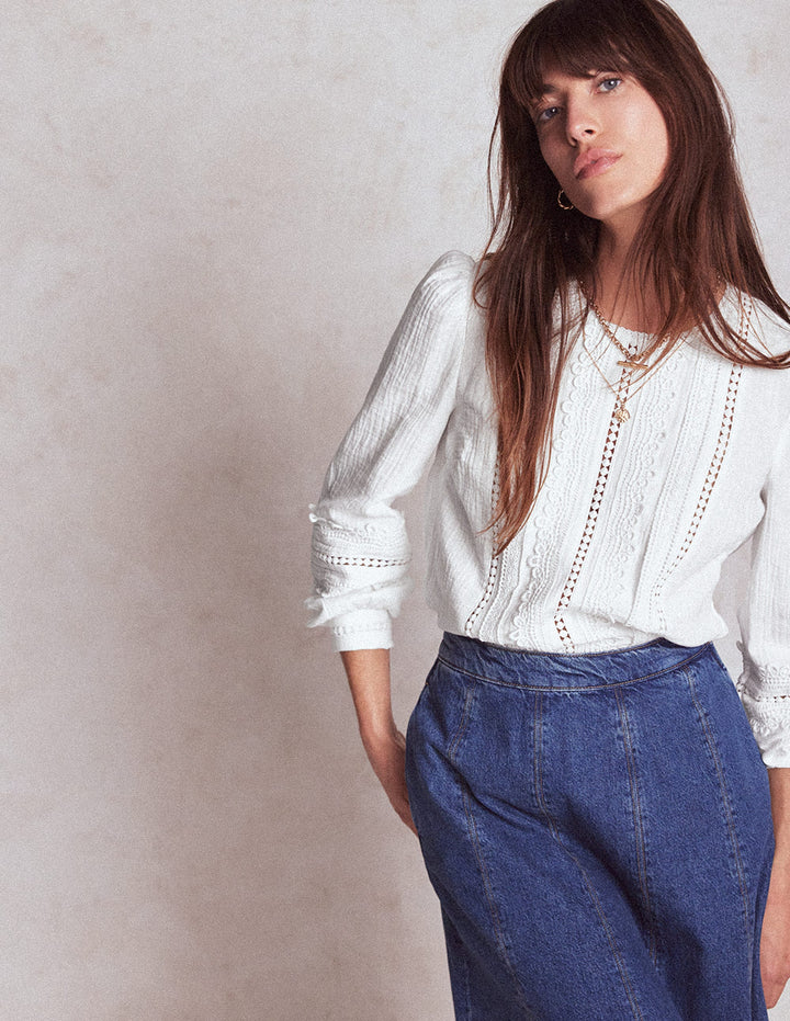 Trim Interest Double Cloth Top-White