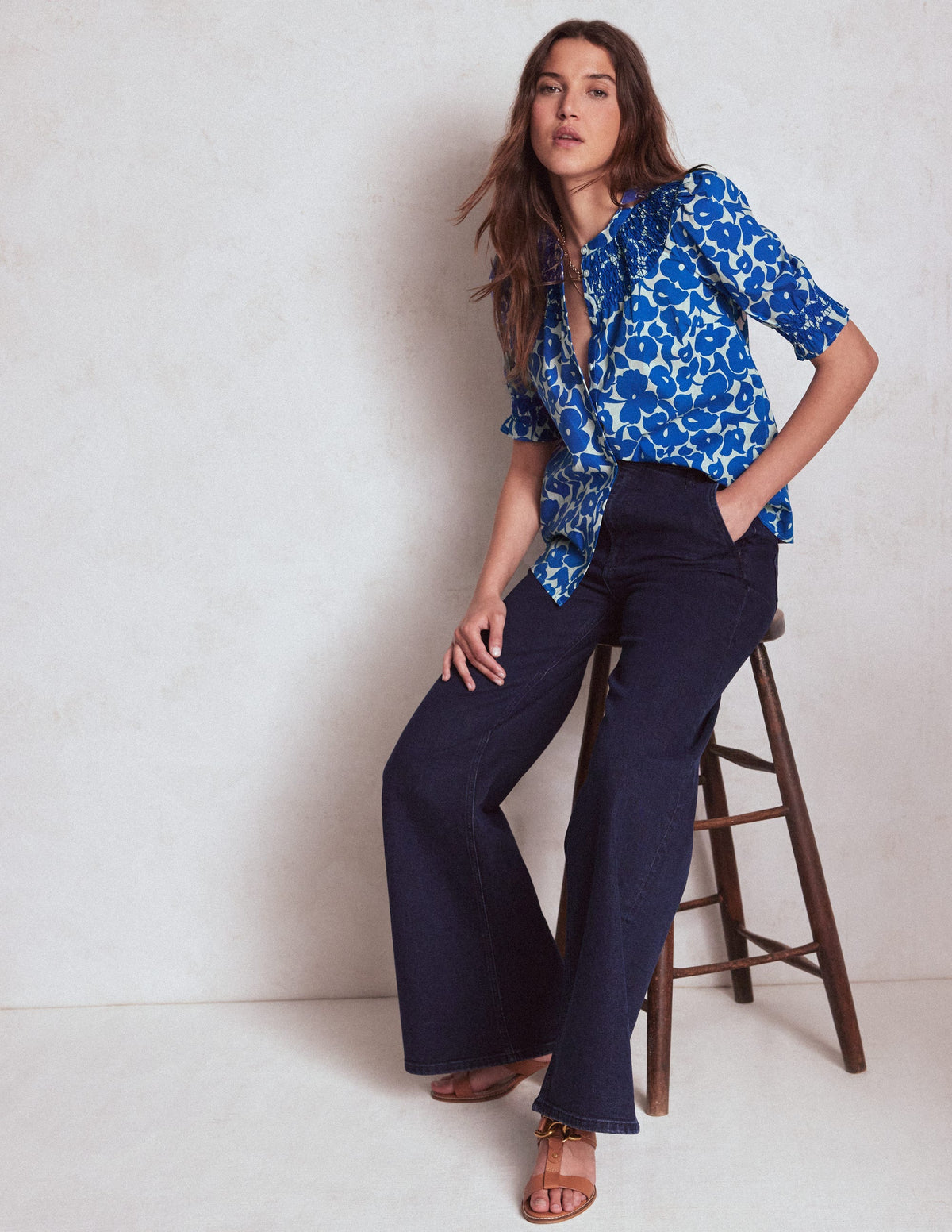 Effie Short Sleeve Top-Bright Blue, Leafy Grove - Image 1