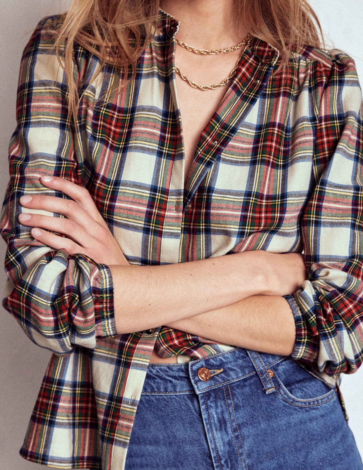 Layla Brushed Cotton Top-Ivory, Blue and Red Check