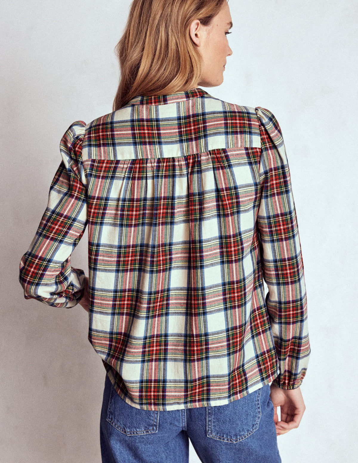 Layla Brushed Cotton Top-Ivory, Blue and Red Check - Image 3