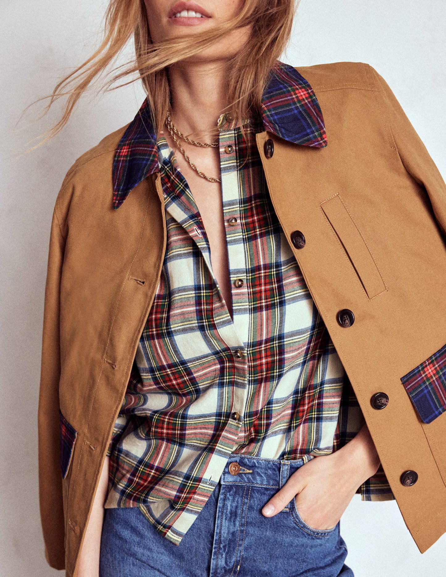 Layla Brushed Cotton Top-Ivory, Blue and Red Check