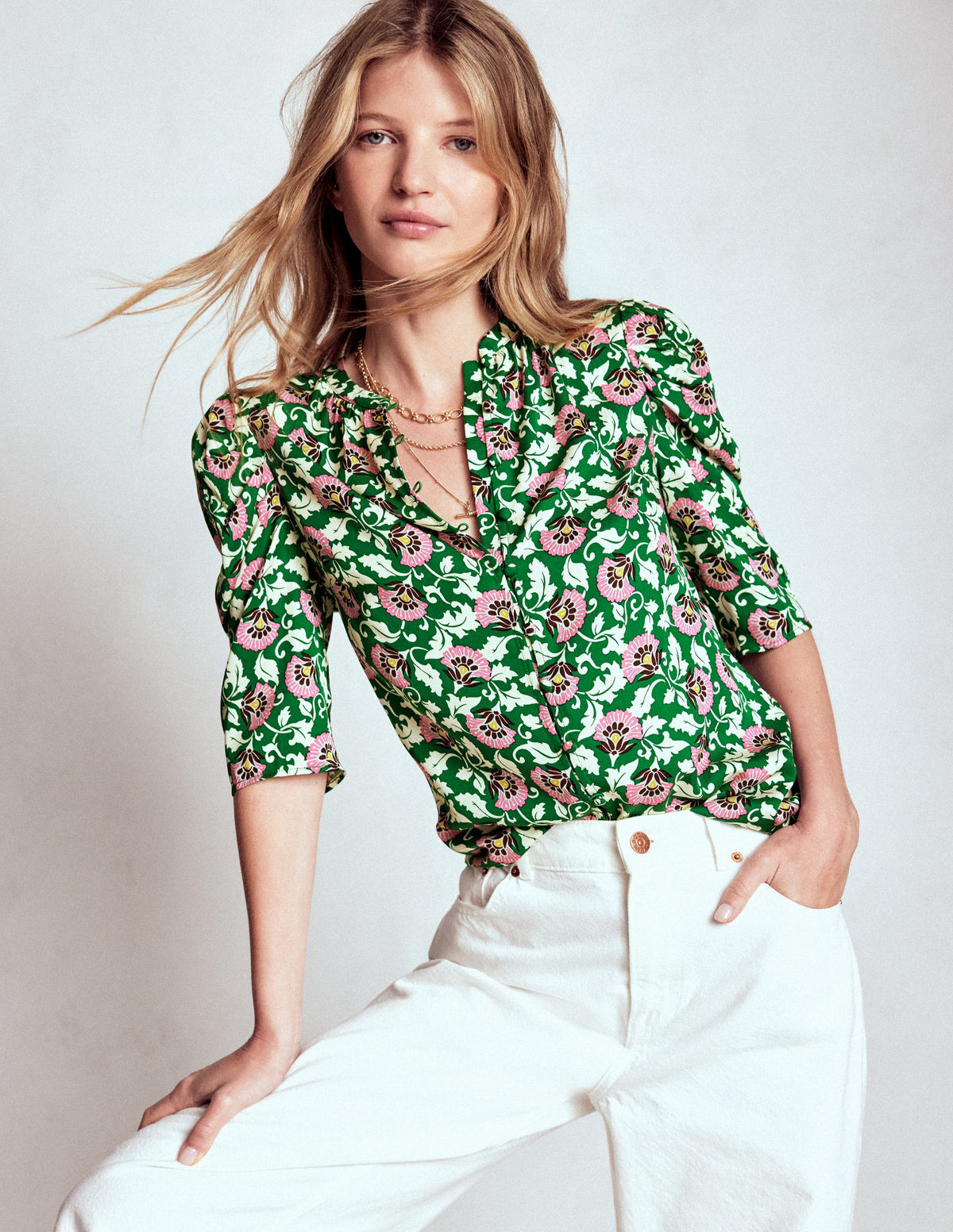 Mutton Sleeve Smart Top-Rich Emerald, Ornate Vine - Image 1