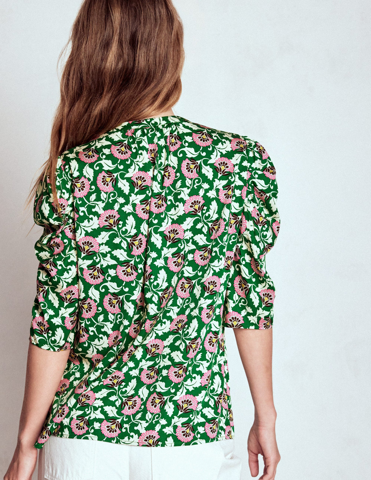 Mutton Sleeve Smart Top-Rich Emerald, Ornate Vine - Image 3