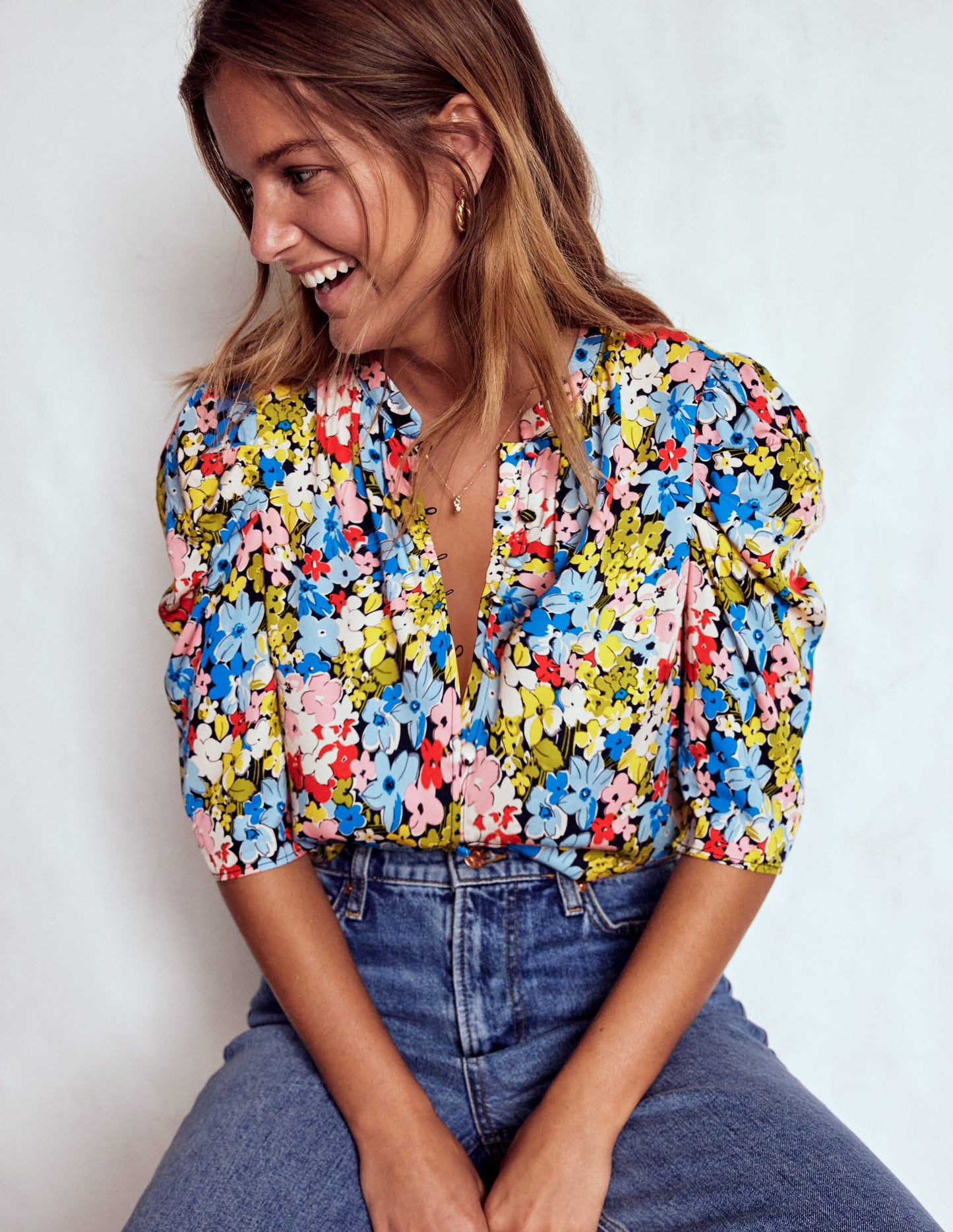 Mutton Sleeve Smart Top-Multi, Flowerbed Cluster