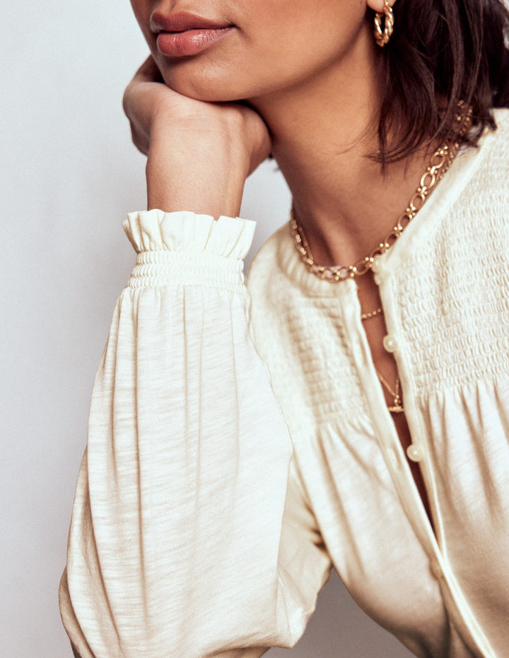 Elsa Smocked Yoke Jersey Shirt-Ivory