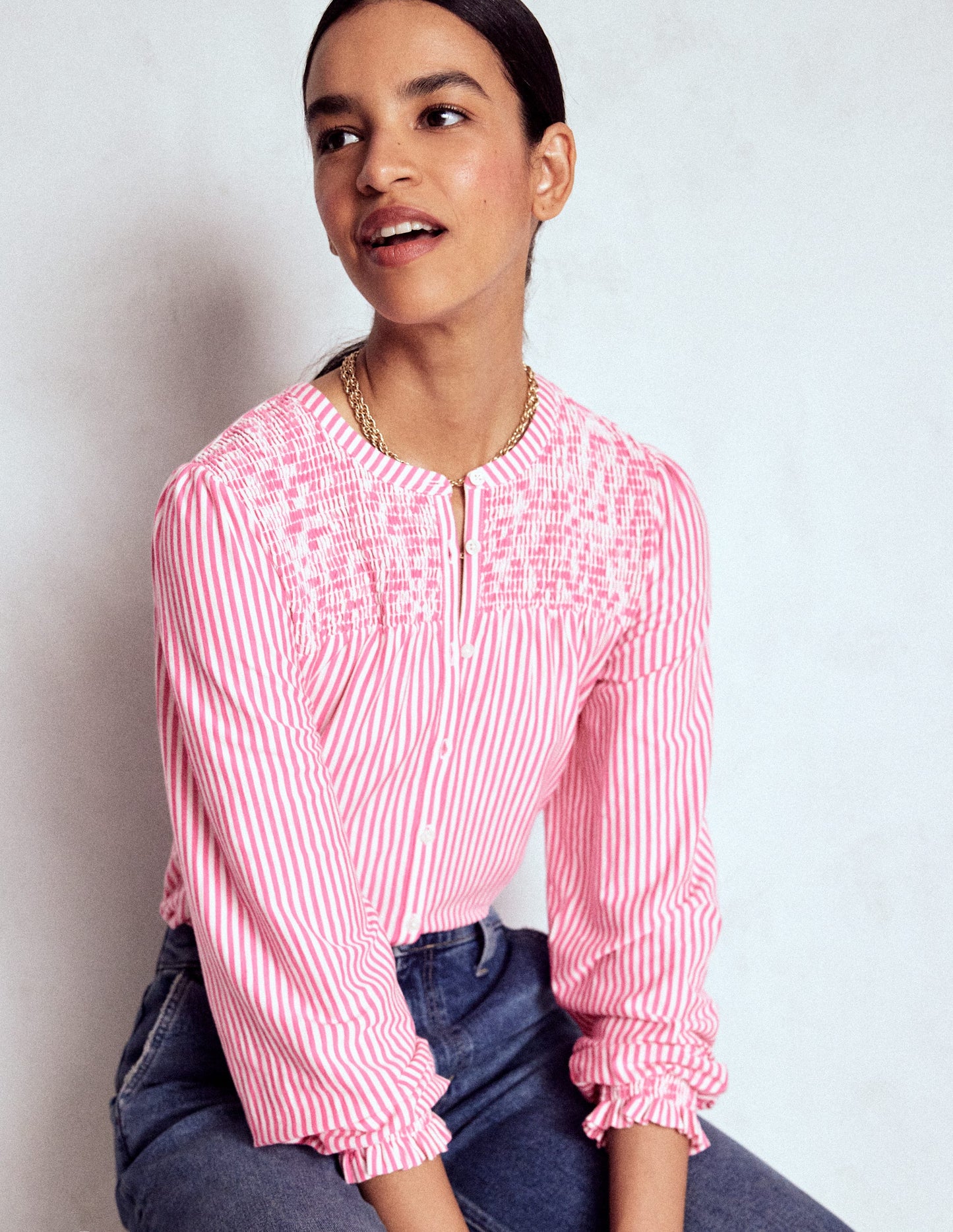 Elsa Smocked Yoke Jersey Shirt-Pink Ribbon Stripe