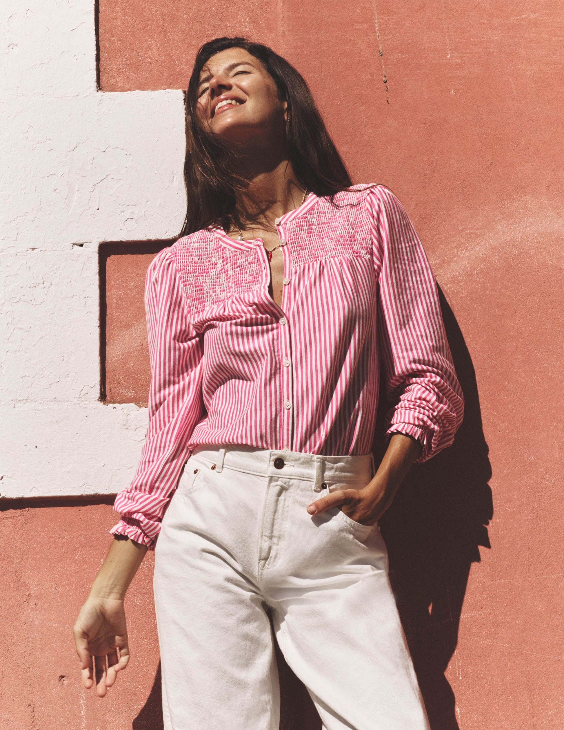 Elsa Smocked Yoke Jersey Shirt-Pink Ribbon Stripe-5