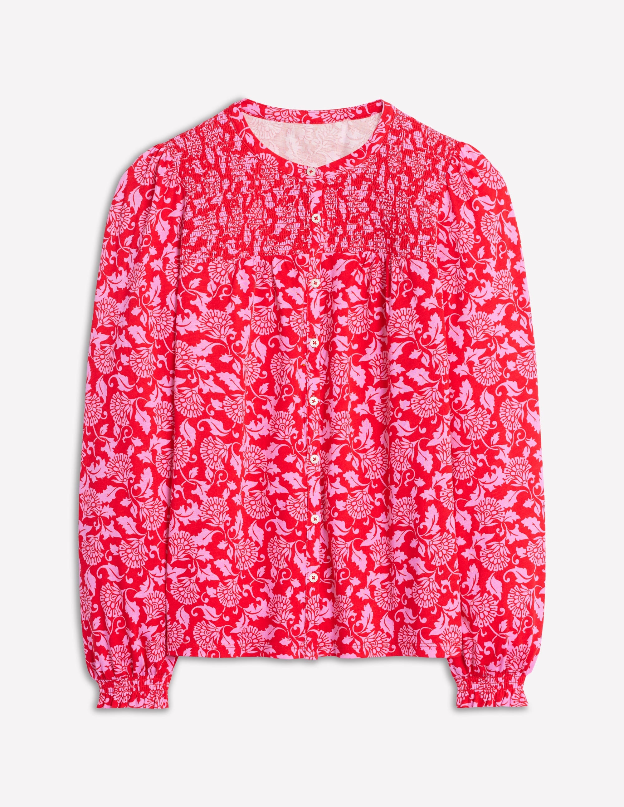Elsa Smocked Yoke Jersey Shirt-Poppy Red, Ornate Vine - Image 5