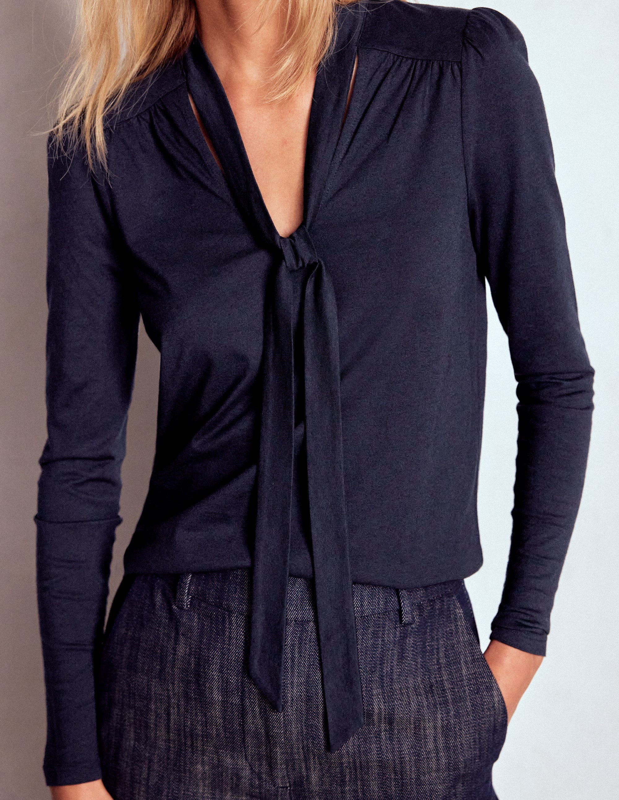 Tie Neck Supersoft Top-Navy - Image 2
