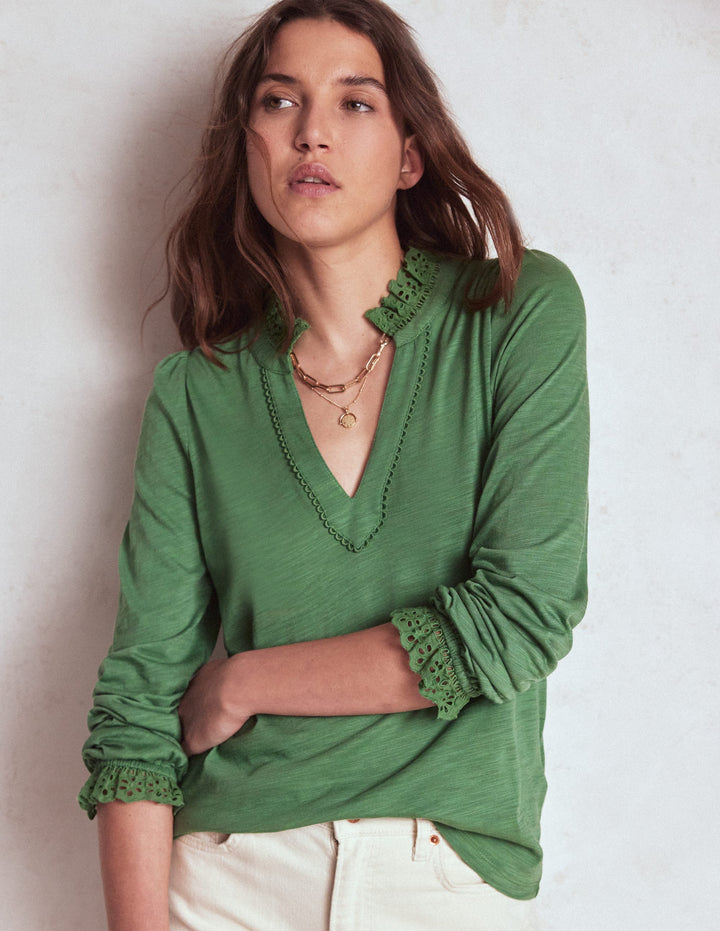 Aria Broderie Notch Neck Top-Newt Green