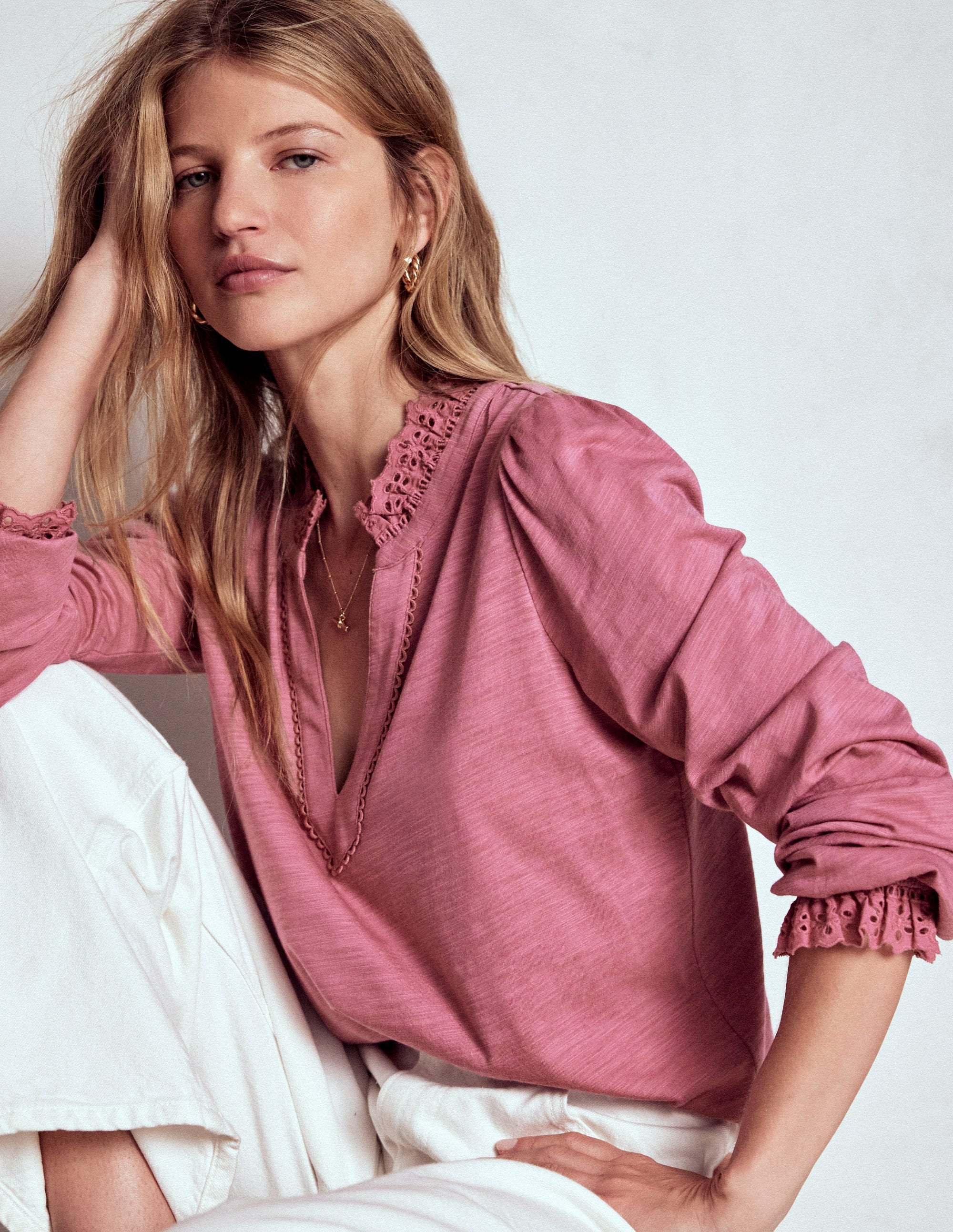 Aria Broderie Notch Neck Top-Pink Heather - Image 1