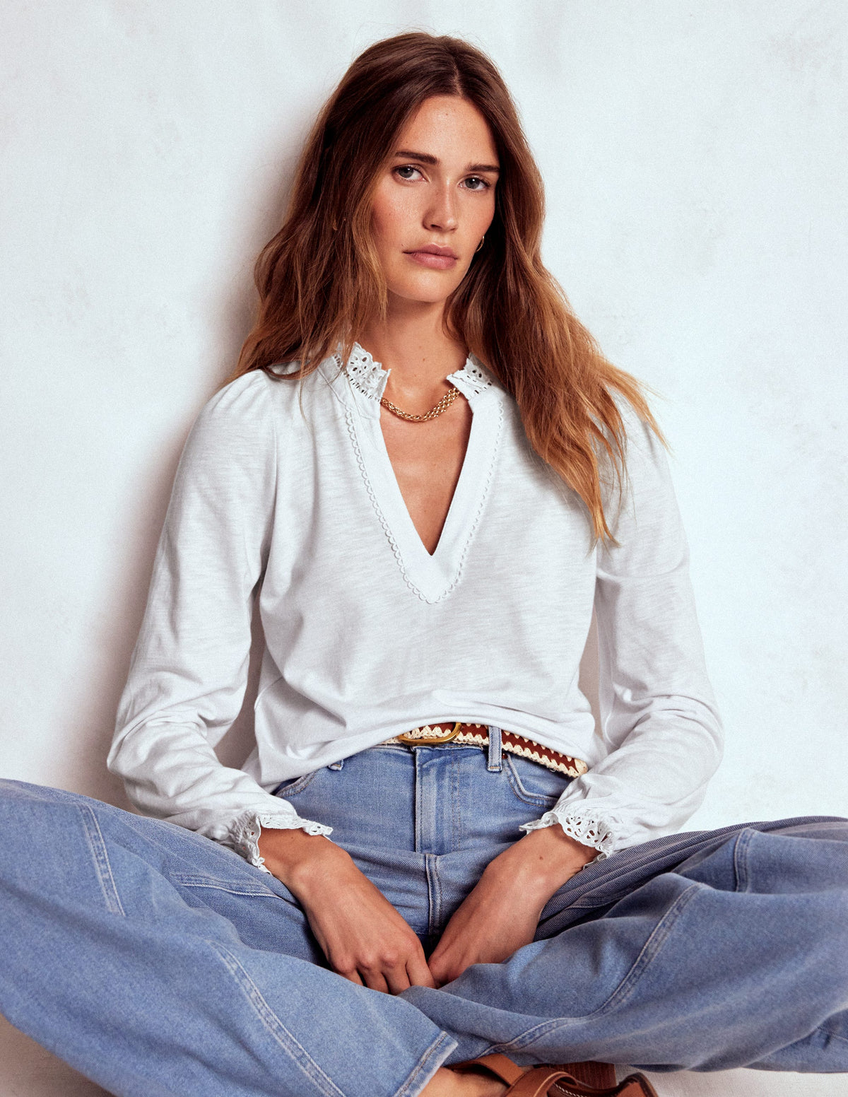 Aria Broderie Notch Neck Top-White - Image 1