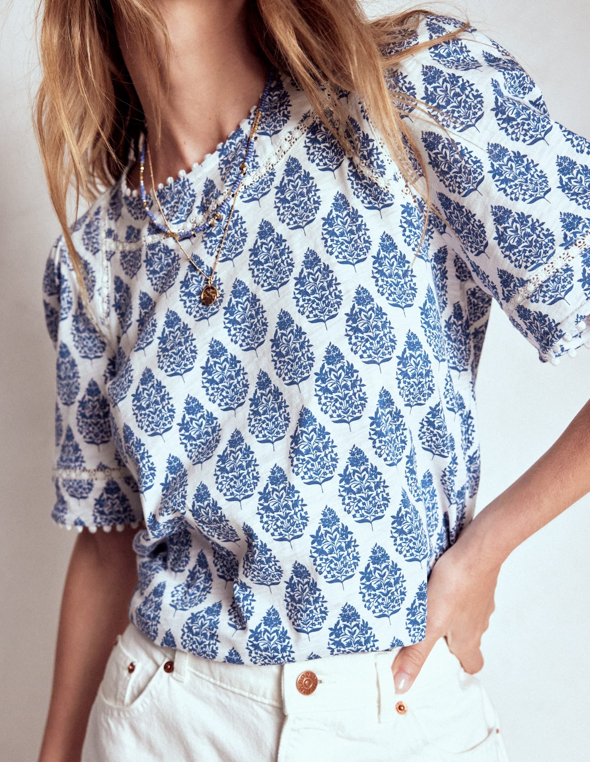 Mila Lace Trim Top-Denim Blue, Wildflower Bouquet - Image 2
