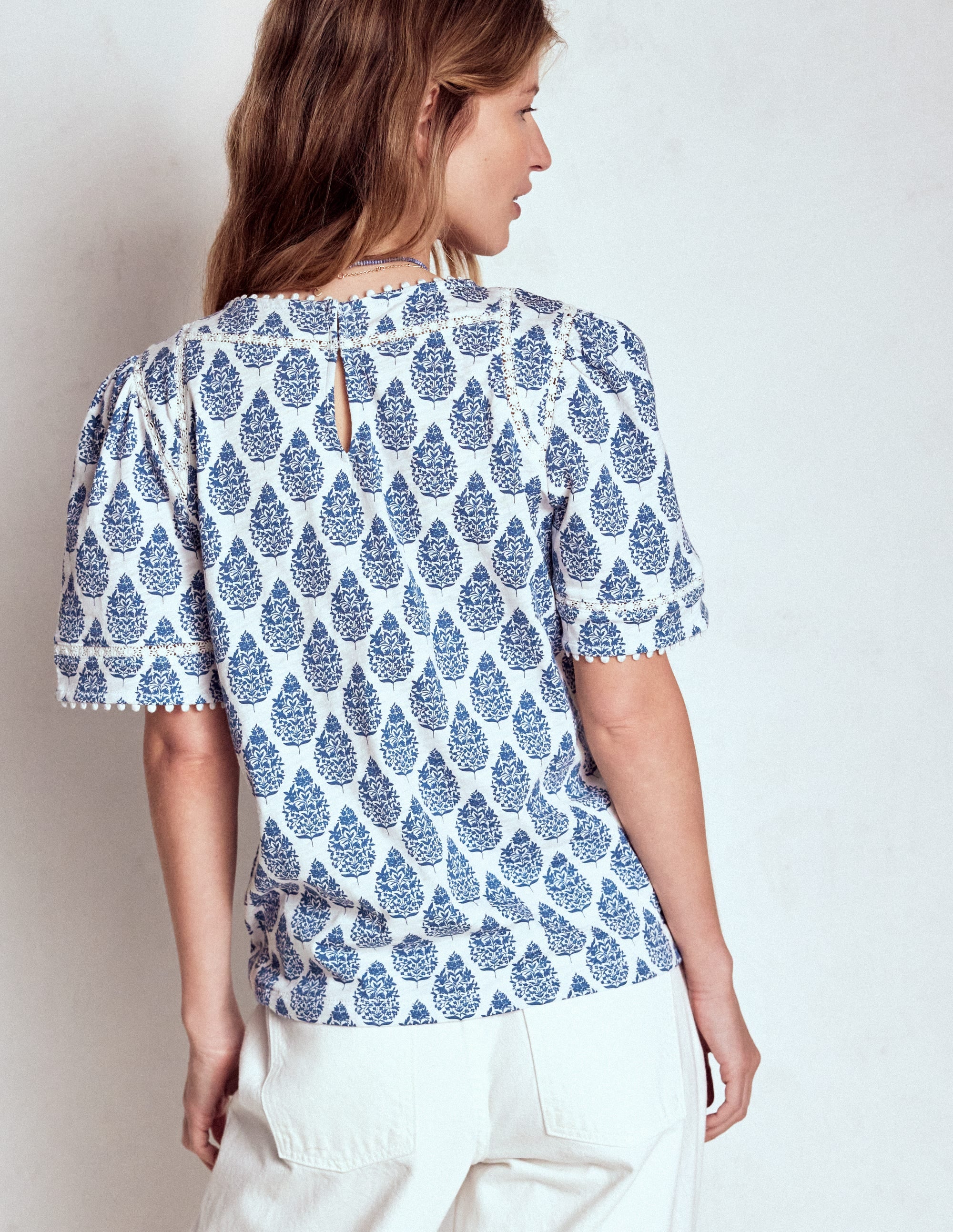 Mila Lace Trim Top-Denim Blue, Wildflower Bouquet - Image 3