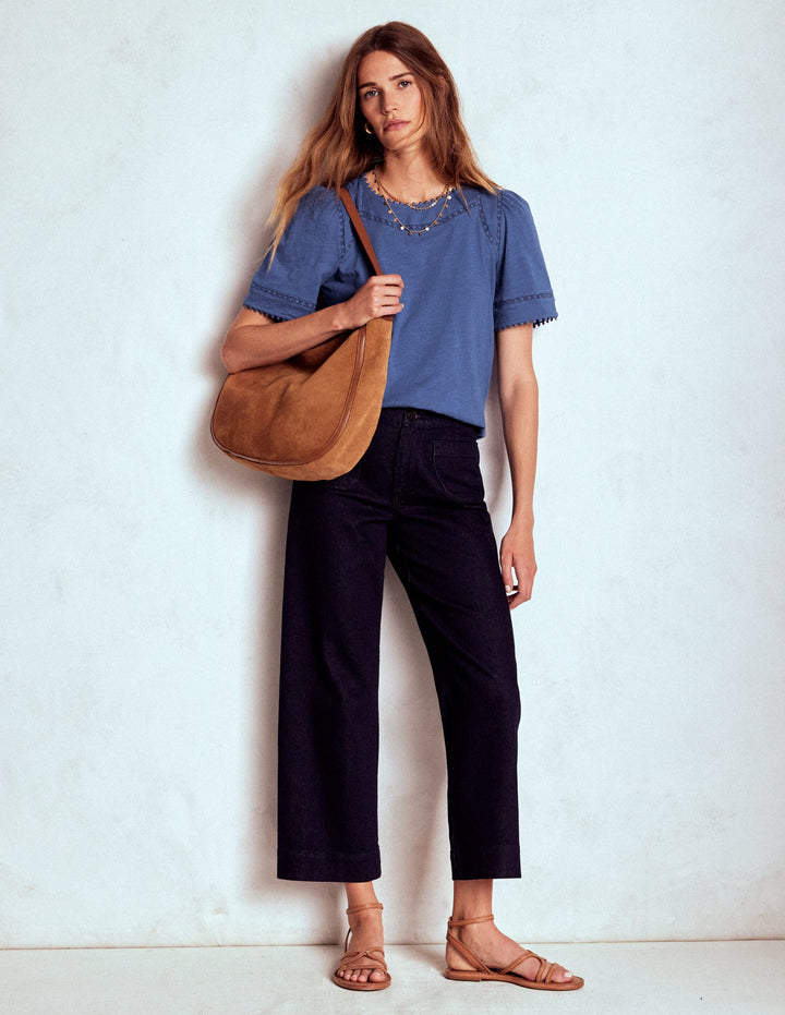 Mila Lace Trim Top-Denim Blue