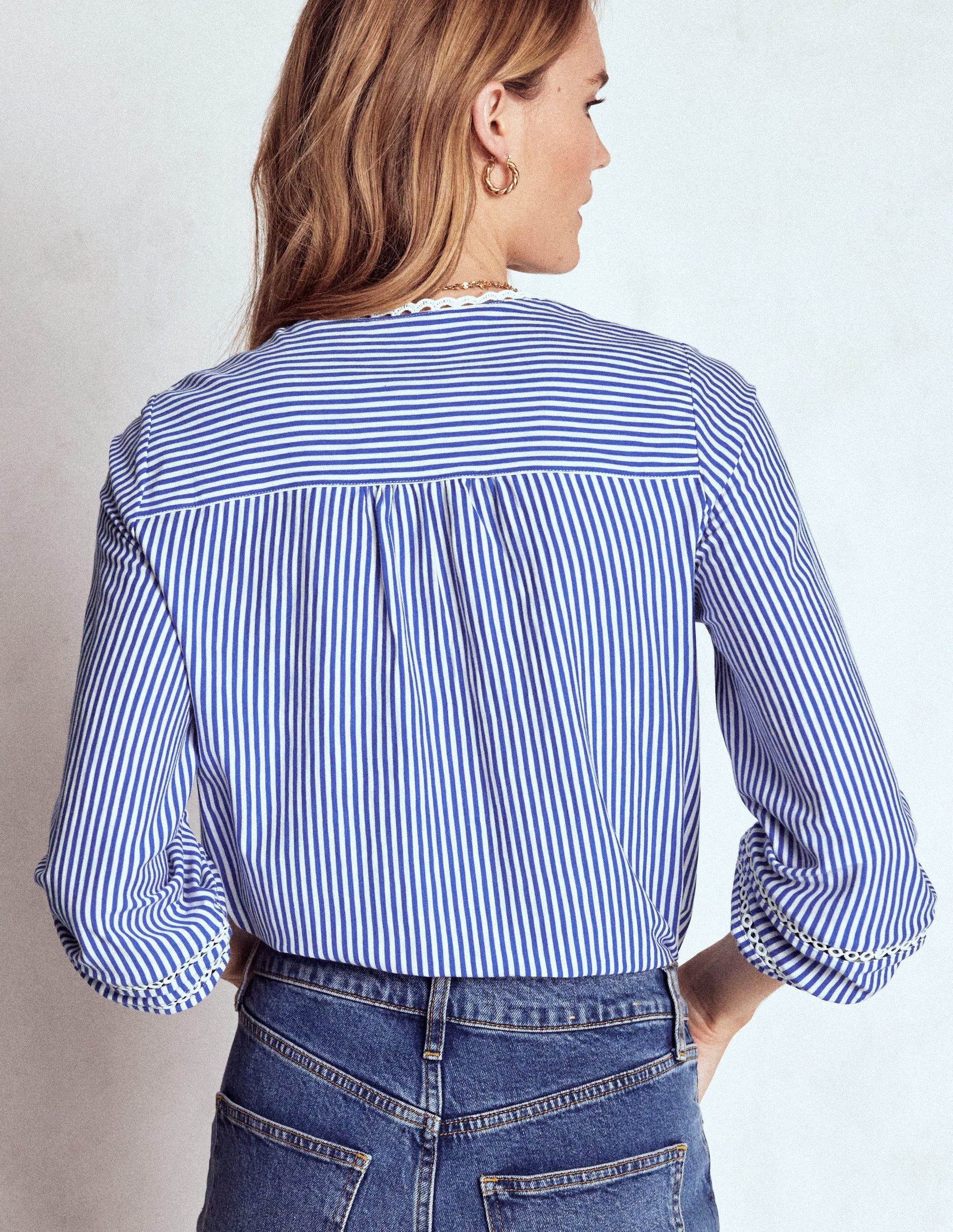 Trim Detail Jersey Shirt-Bright Blue, Ivory Stripe-3