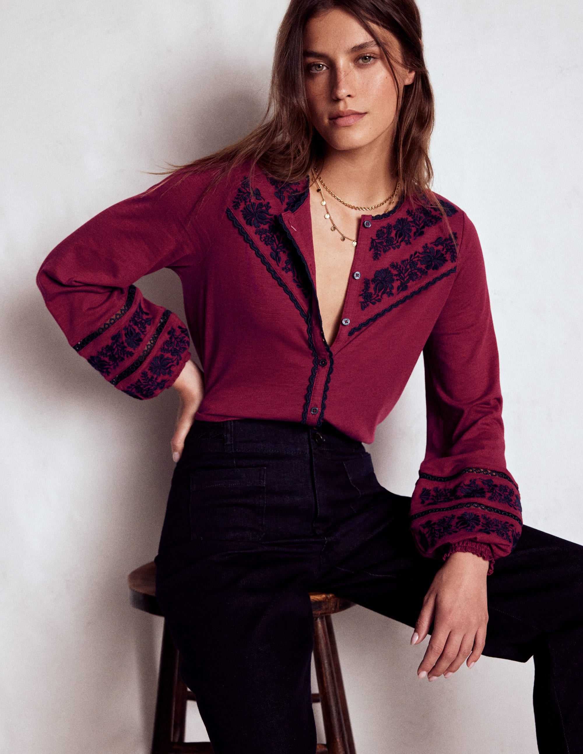 Trim Detail Jersey Shirt-Rumba Red, Navy Emb - Image 2