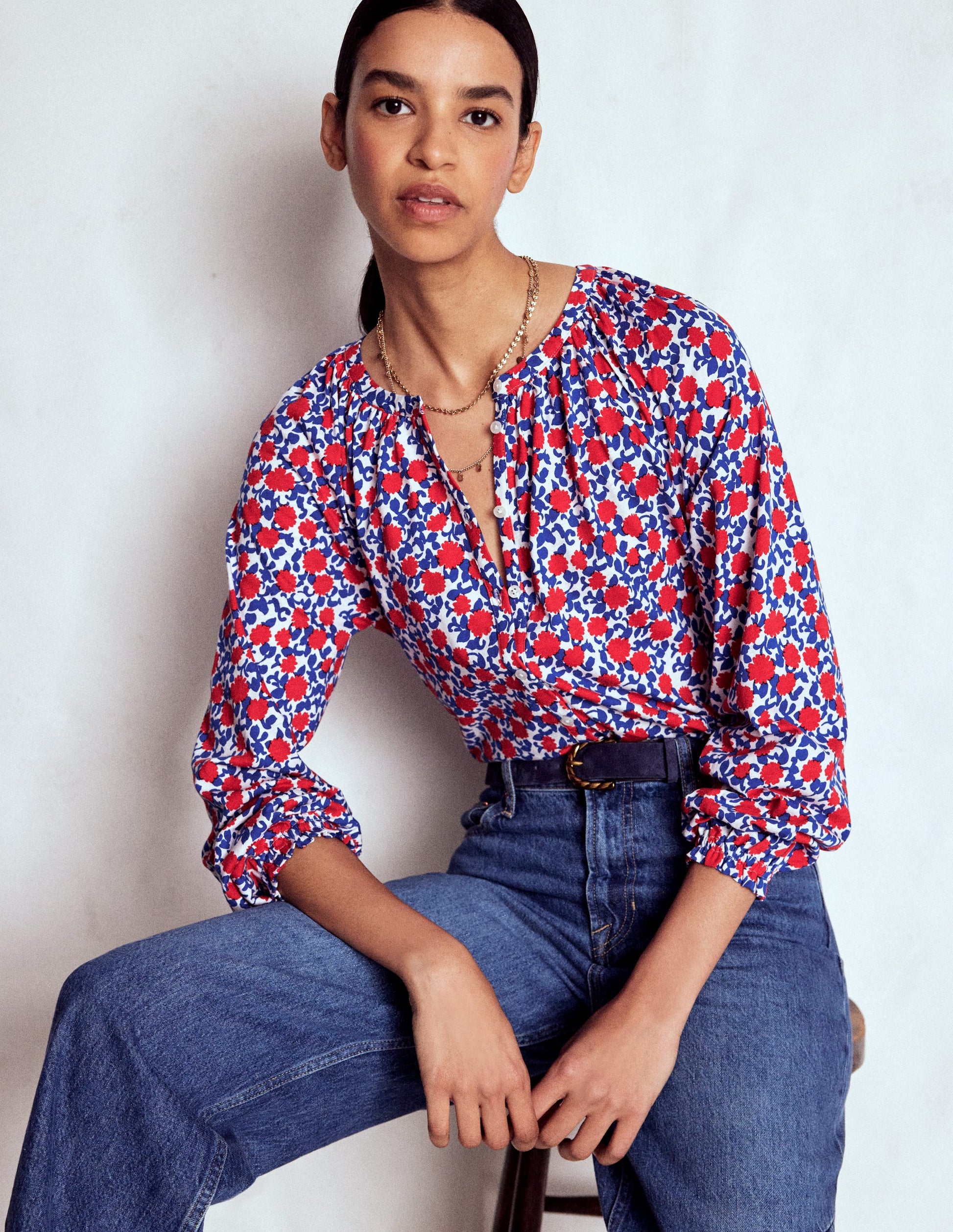 Isla Long Sleeve Jersey Shirt-Poppy Red, Floweret Vine-4