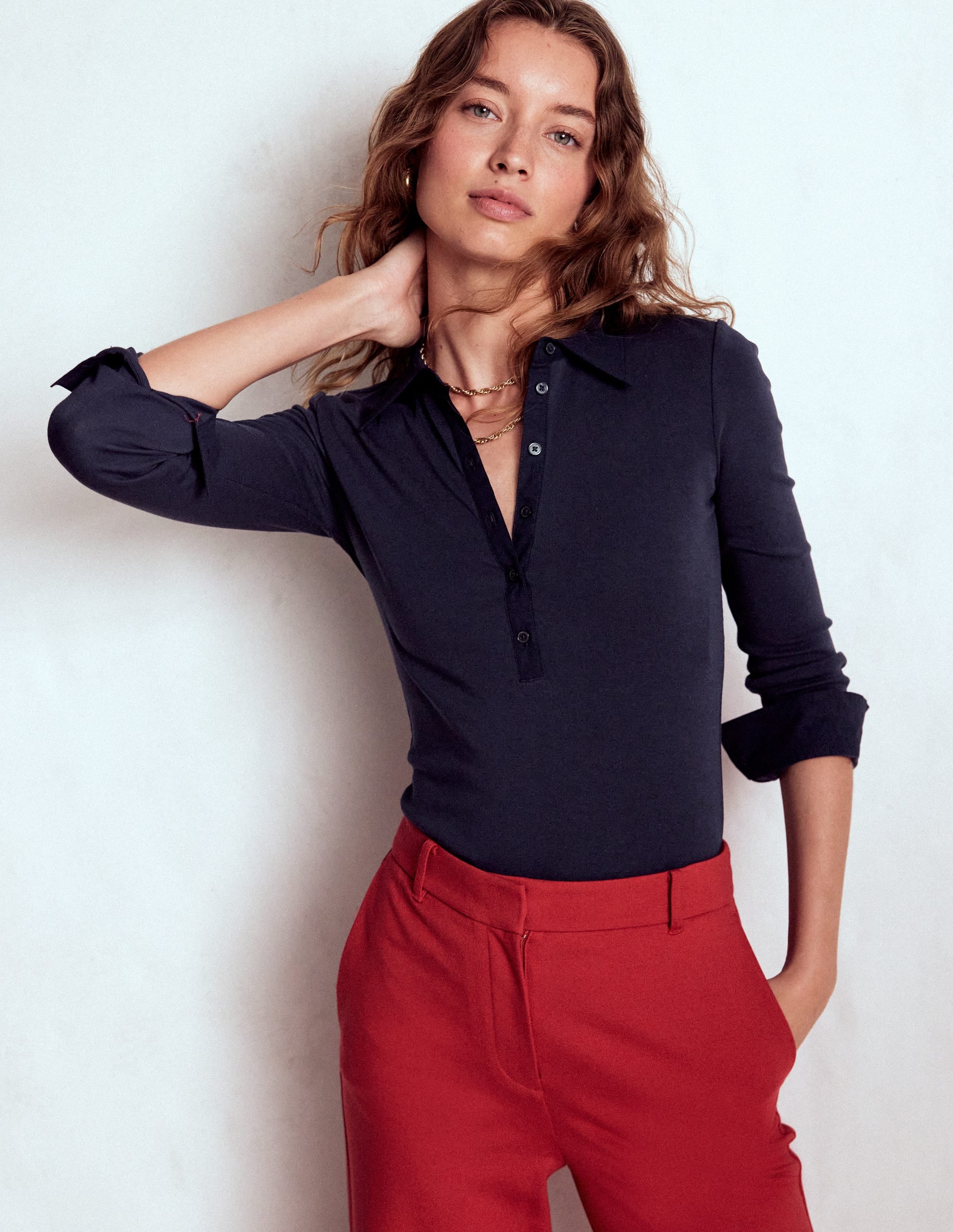 Collared Placket Jersey Shirt-Navy - Image 1