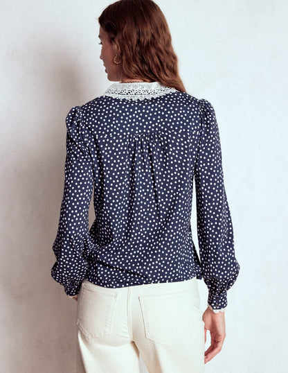 Lace Collar Blouse-Navy-3