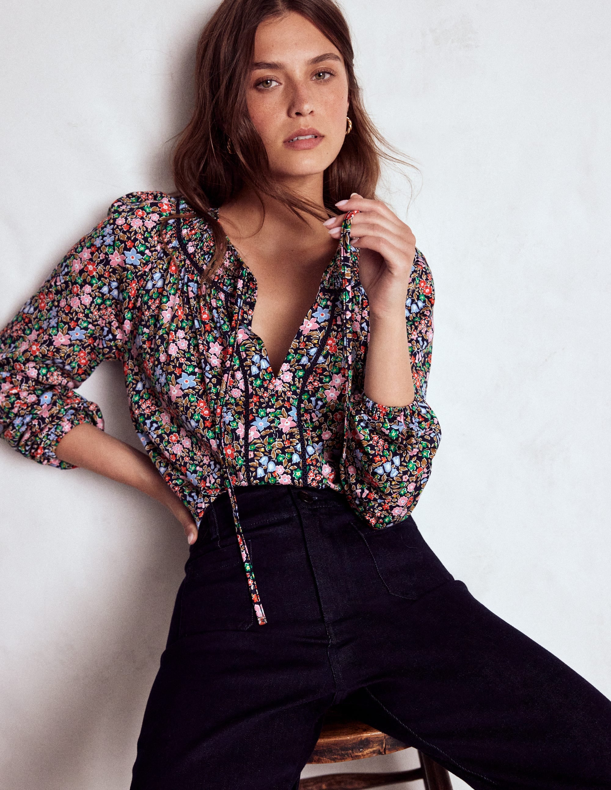 Georgia Smocked Jersey Top-Navy and Multi, Flowerbed - Image 1