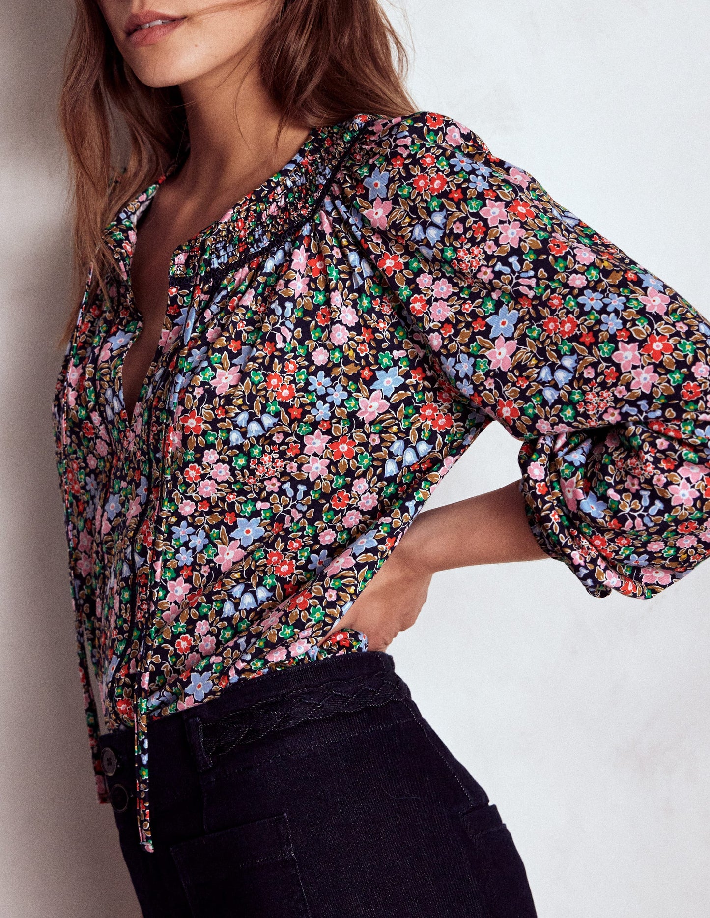 Georgia Smocked Jersey Top-Navy and Multi, Flowerbed