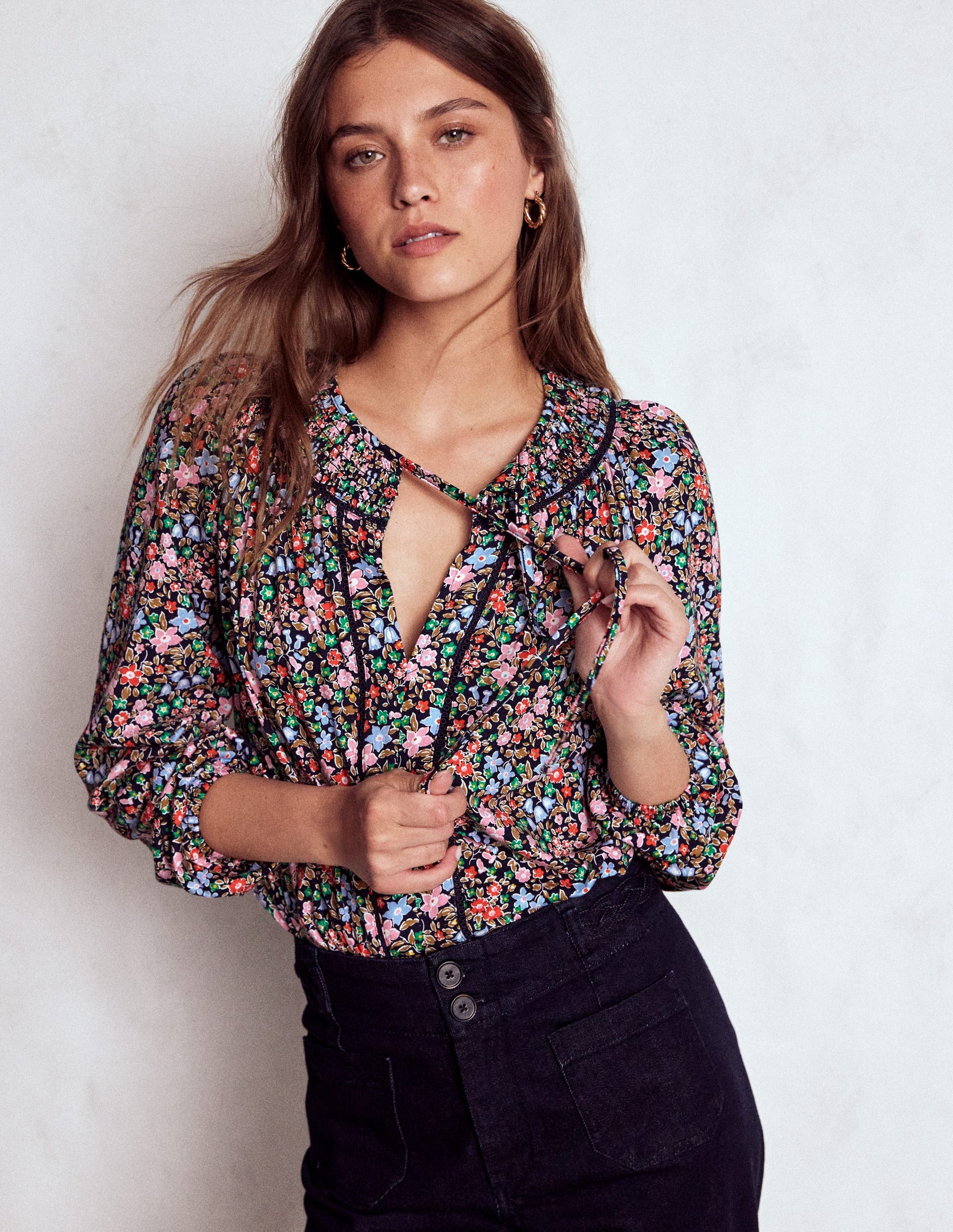 Georgia Smocked Jersey Top-Navy and Multi, Flowerbed-4