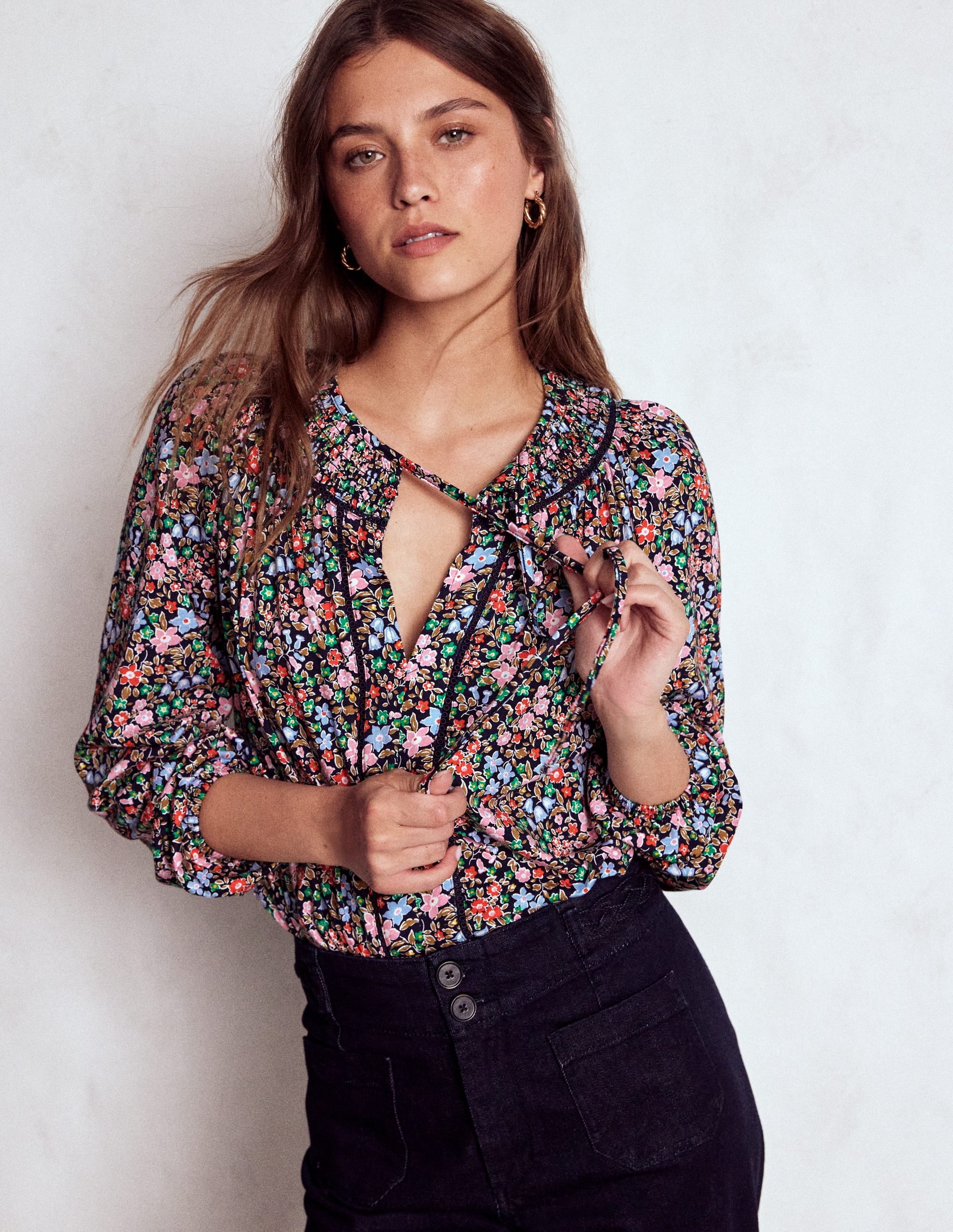 Georgia Smocked Jersey Top-Navy and Multi, Flowerbed - Image 4