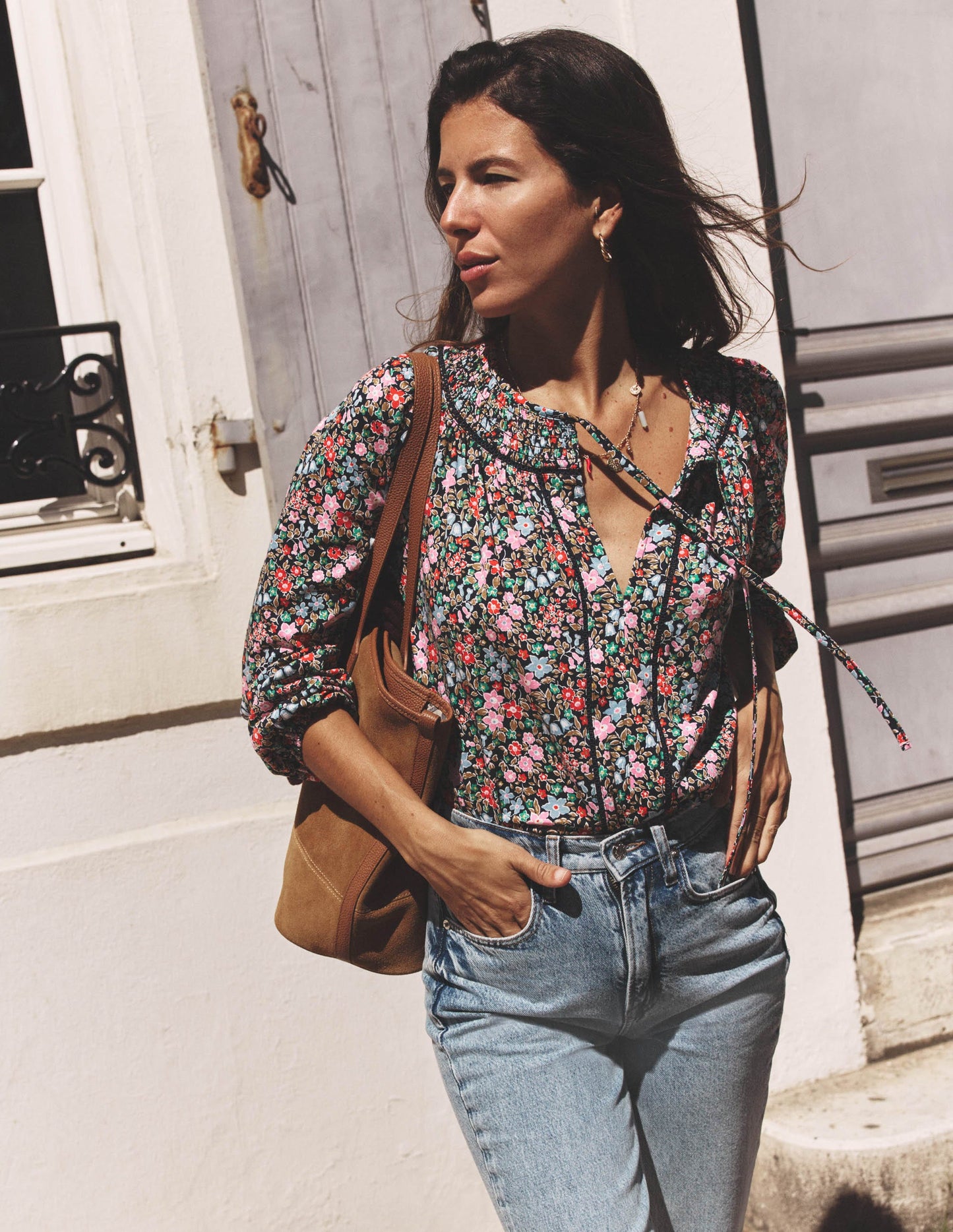 Georgia Smocked Jersey Top-Navy and Multi, Flowerbed