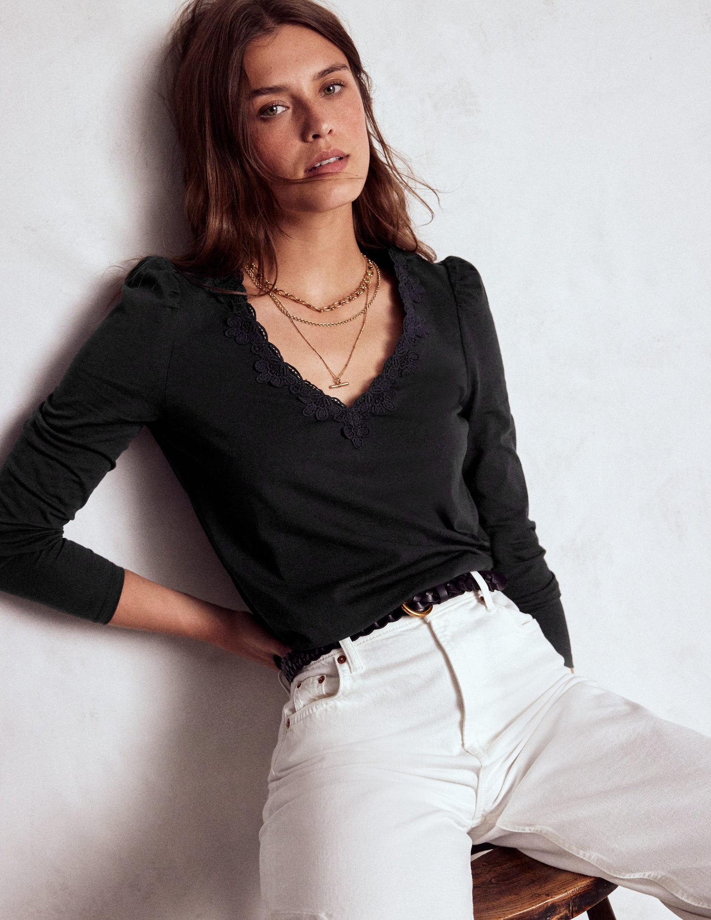 Flora Lace V-neck Top-Black