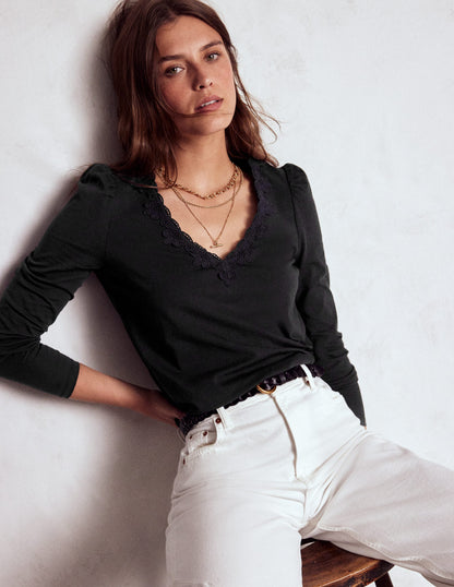 Flora Lace V-neck Top-Black-1