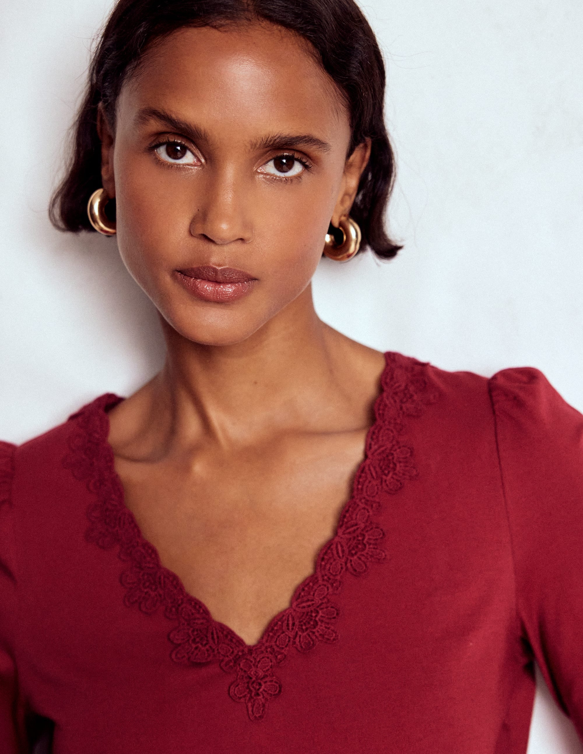 Flora Lace V-neck Top-Burgundy Red | Boden USA
