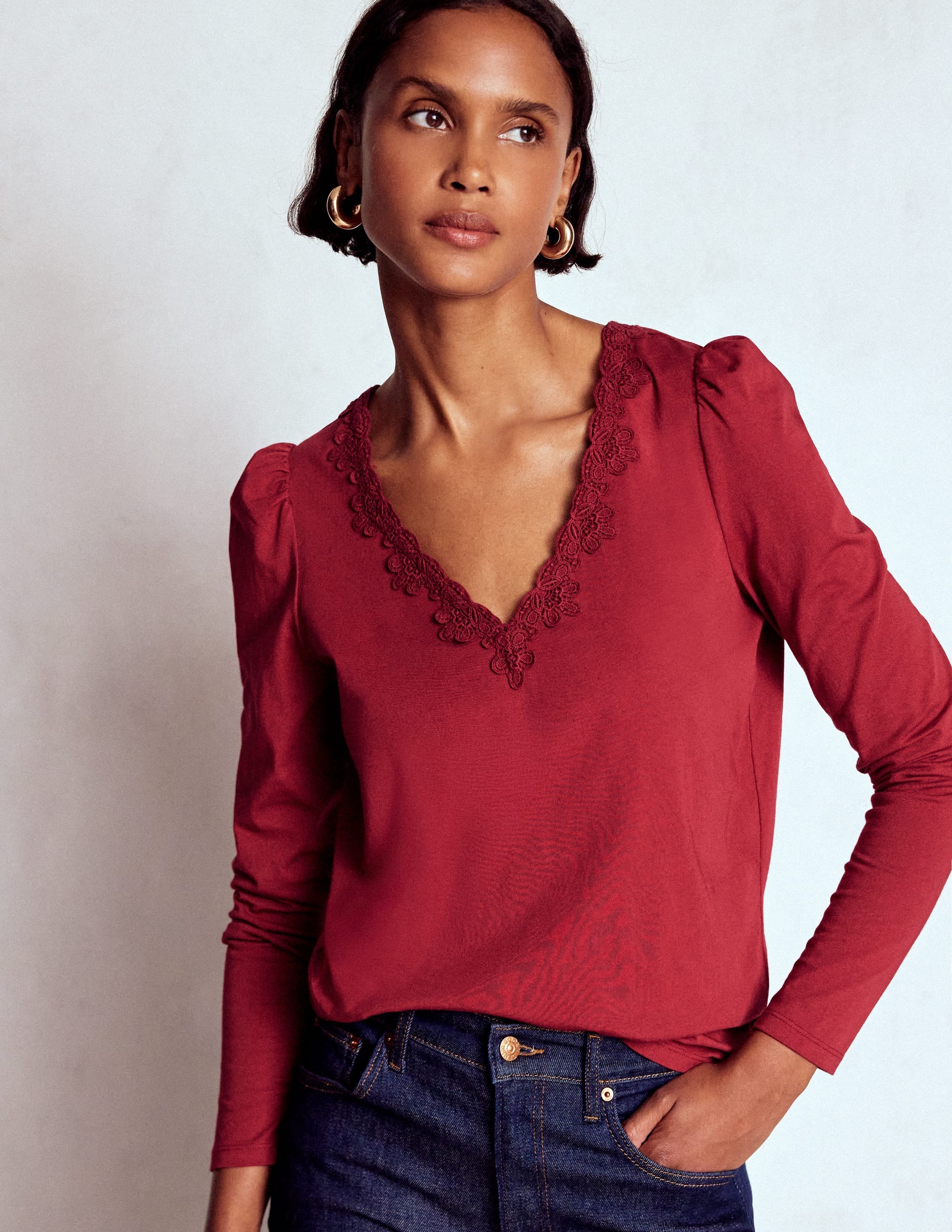 Supersoft V- Neck Trim Top-Burgundy Red - Image 4