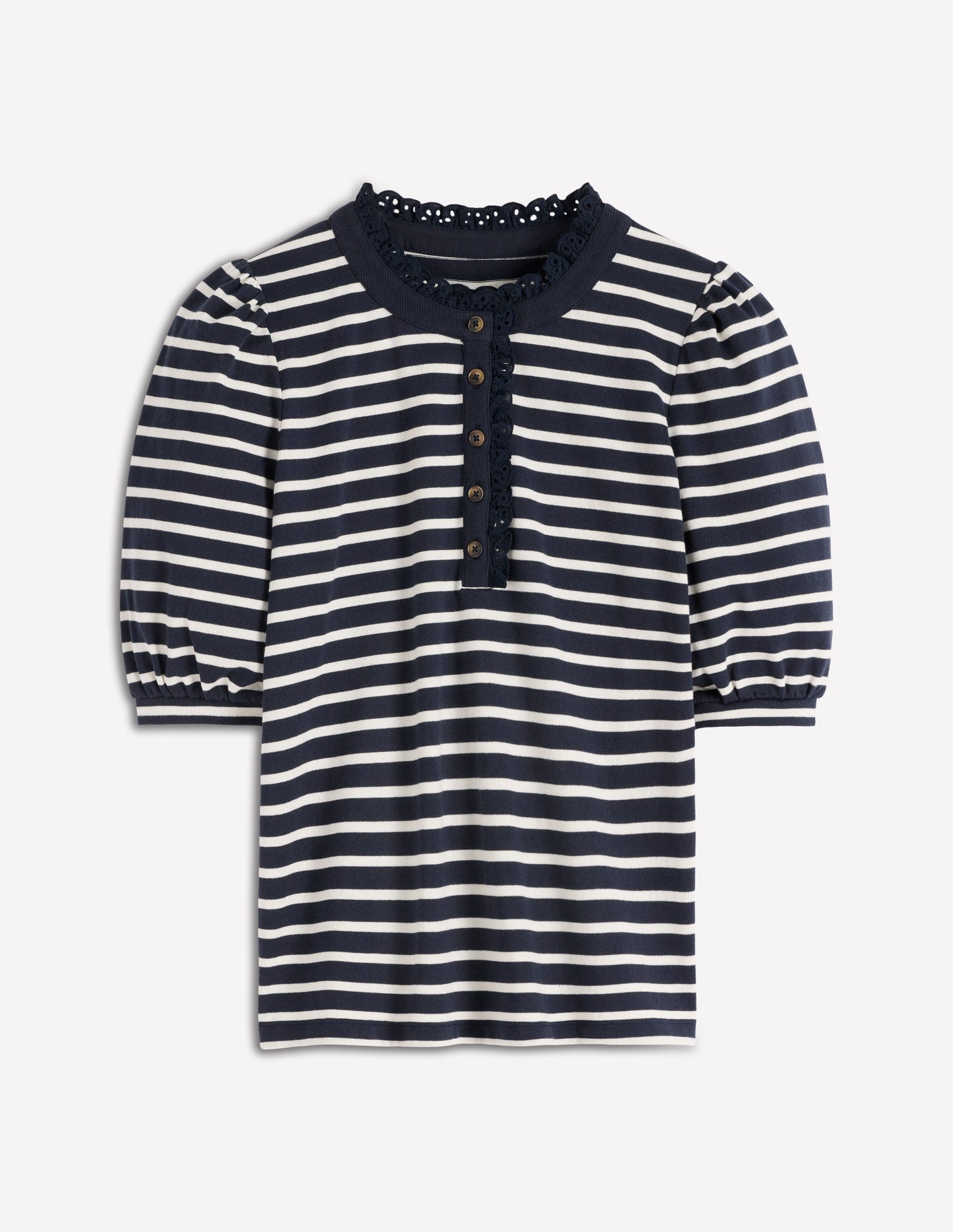 Puff Sleeve Henley-Navy, Ivory Stripe