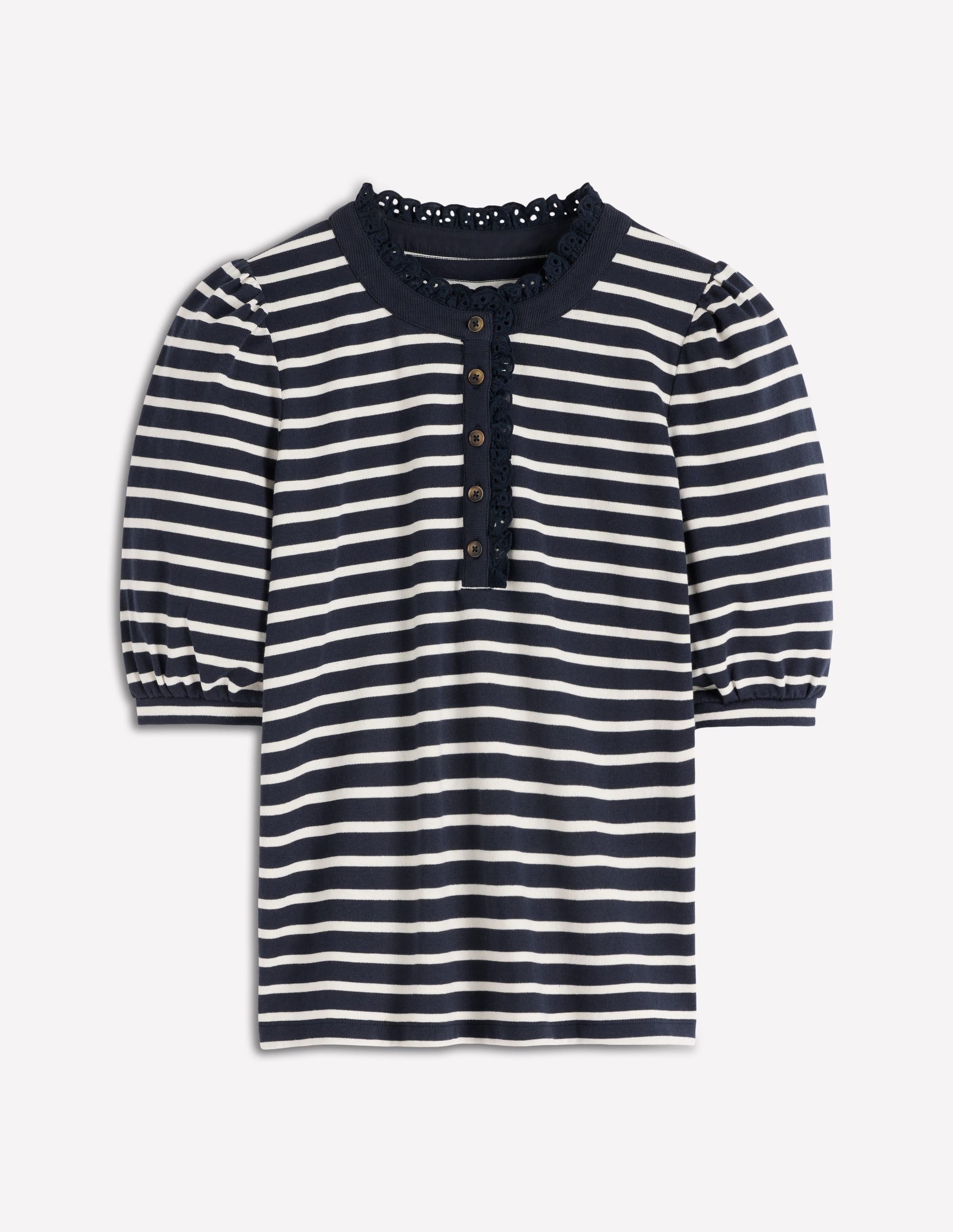 Puff Sleeve Henley-Navy, Ivory Stripe - Image 4