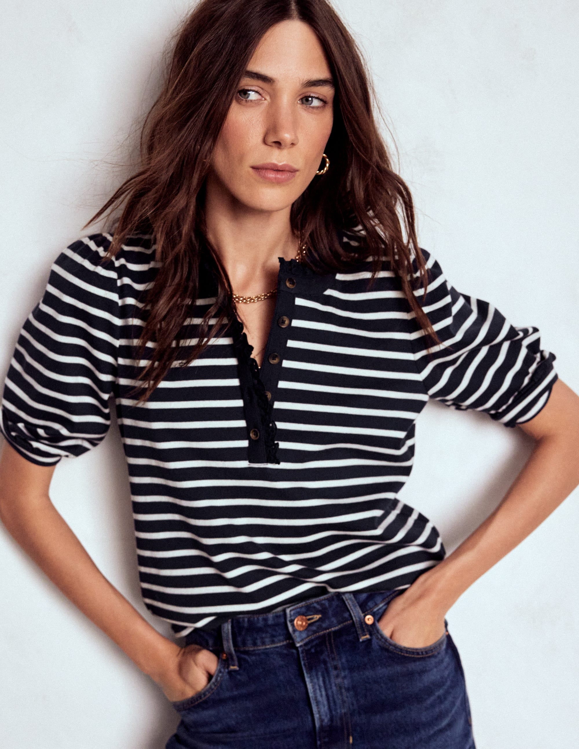 Puff Sleeve Henley-Navy, Ivory Stripe - Image 1
