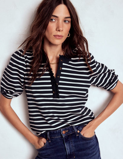Puff Sleeve Henley-Navy, Ivory Stripe-1