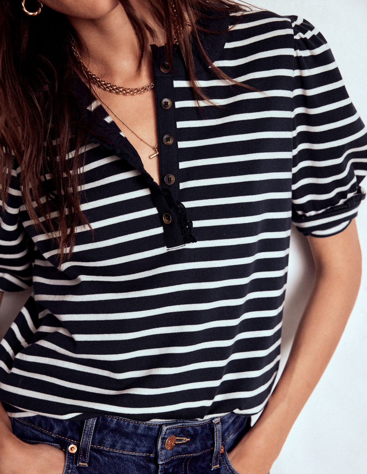 Puff Sleeve Henley-Navy, Ivory Stripe - Image 2