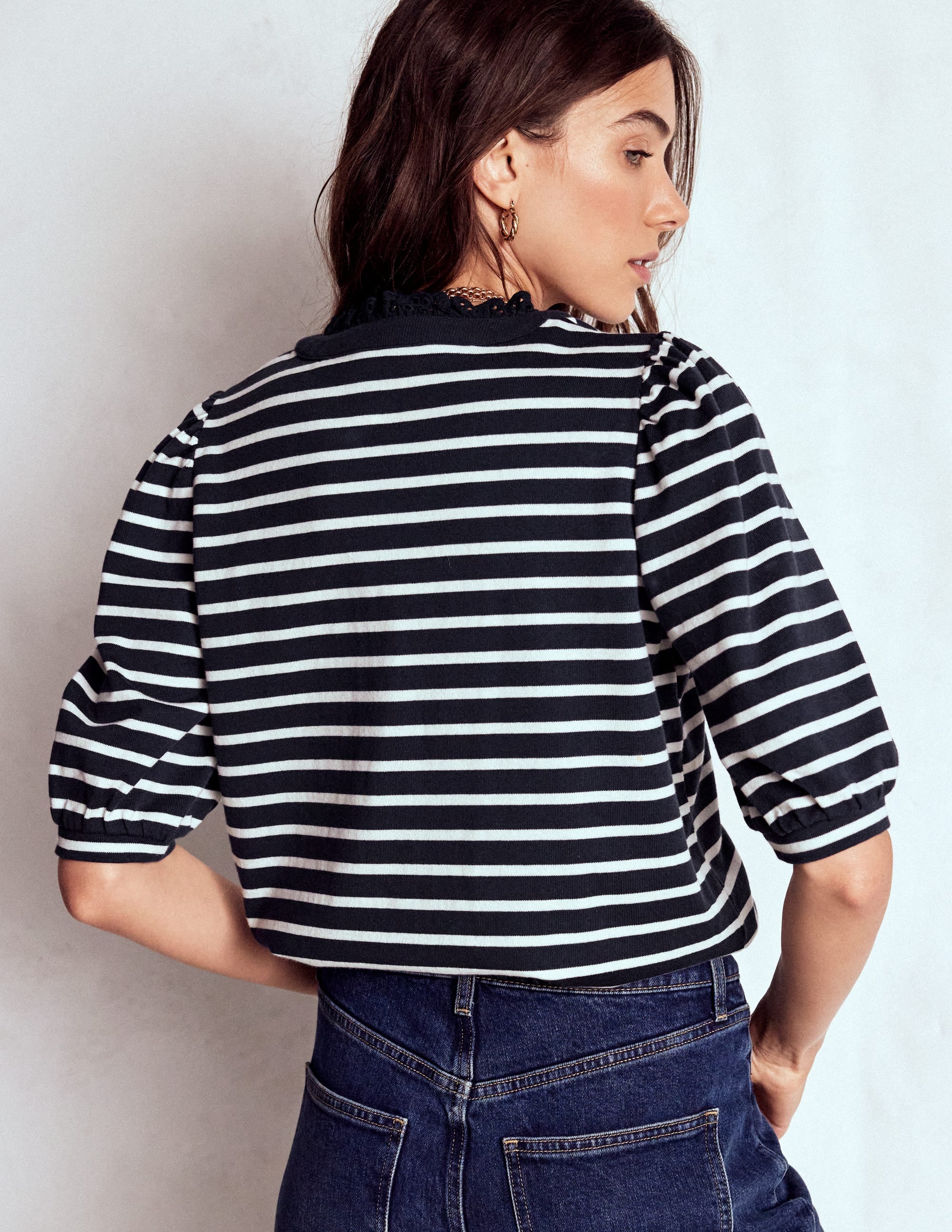 Puff Sleeve Henley-Navy, Ivory Stripe - Image 3