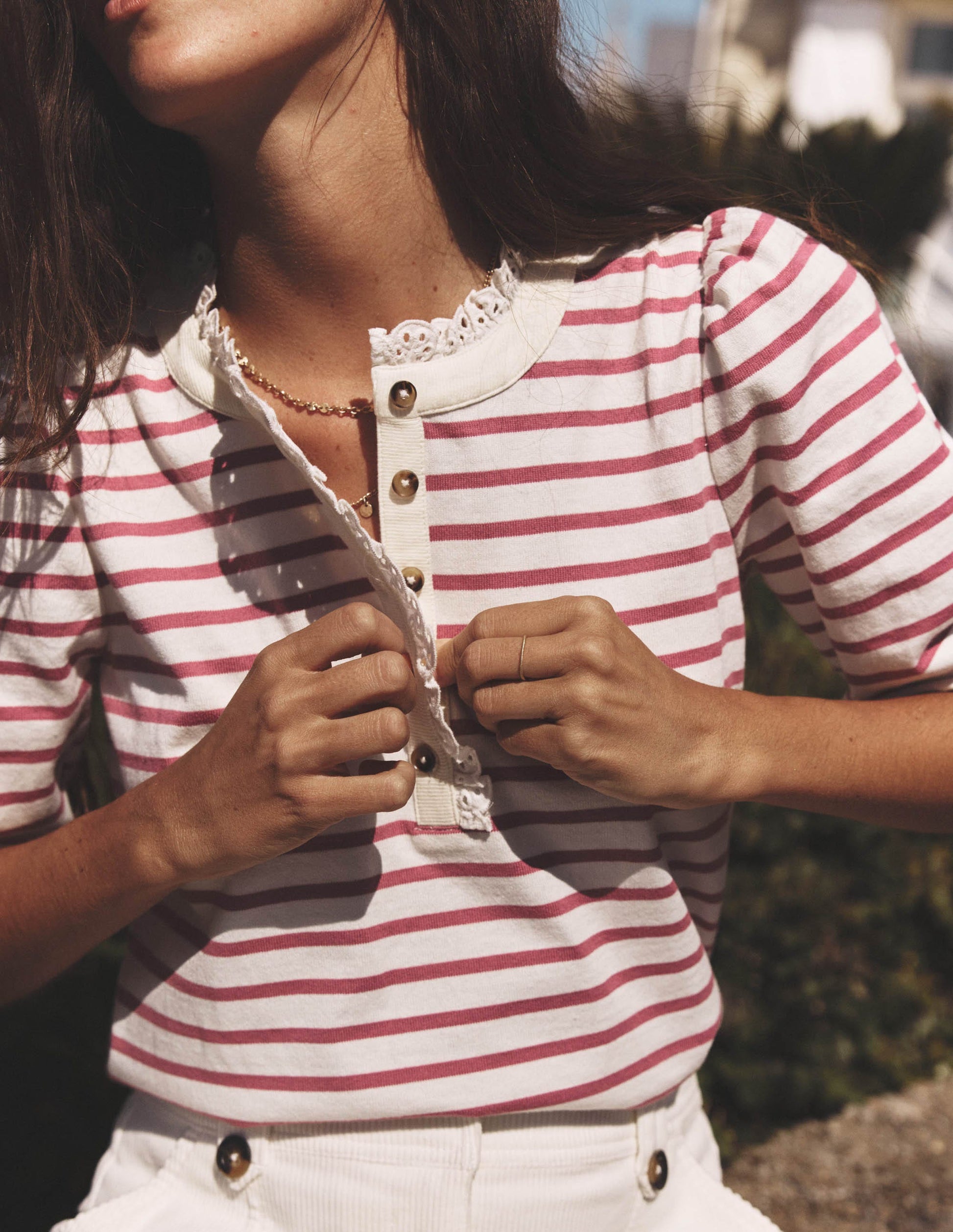 Puff Sleeve Henley-Pink Heather, Ivory Stripe-6