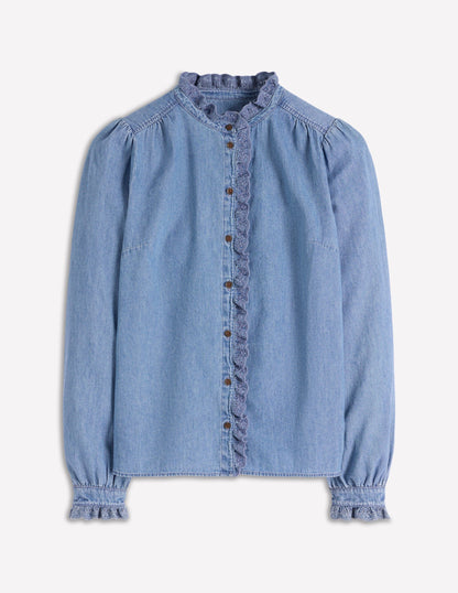 Helena Denim Ruffle Neck Top-Light Authentic-4