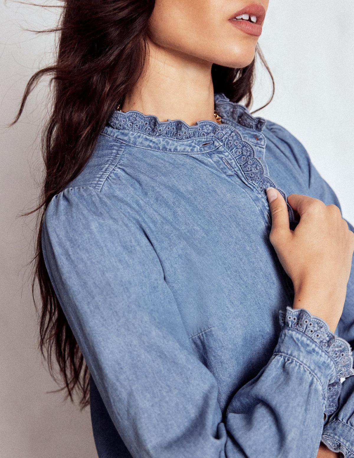 Helena Denim Ruffle Neck Top-Light Authentic - Image 1